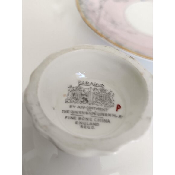 Paragon Tea Cup and Saucer Set Pink Floral Landscape with Birch Trees 1940's - Picture 10 of 14
